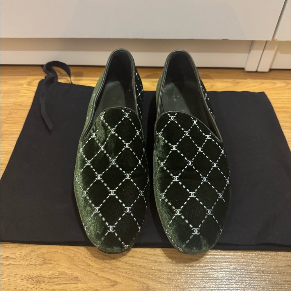Chanel Green Velvet Loafers